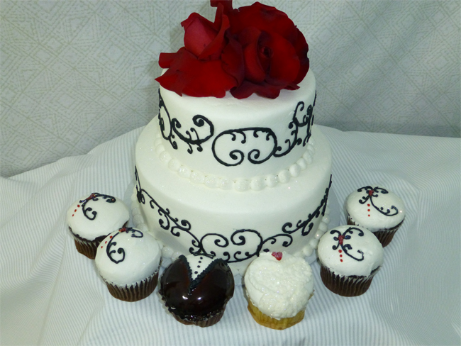 Black, White, Red Wedding Cake and Cupcakes